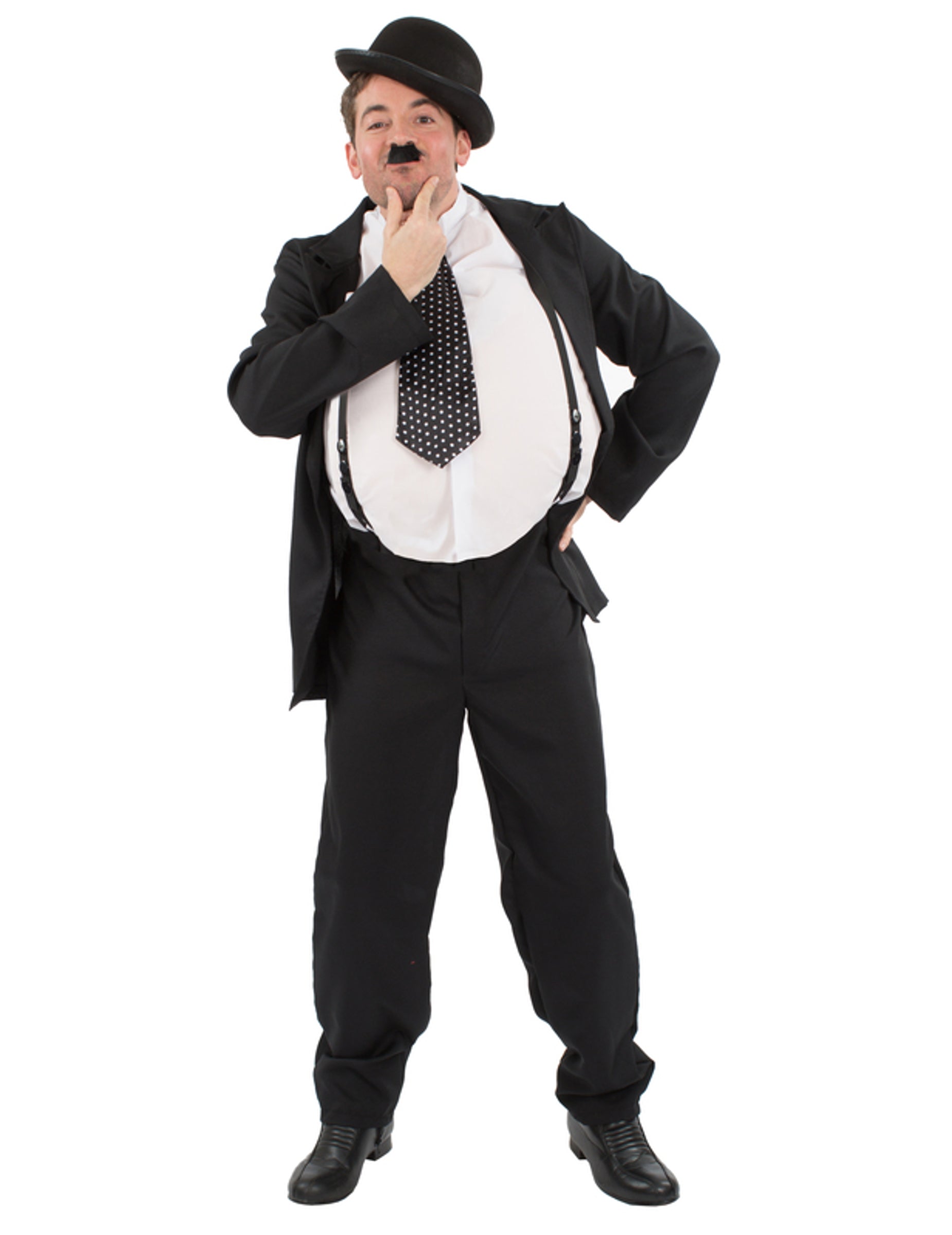 Déguisement comique Hardy pour homme noir et blanc avec gros ventre et chapeau melon