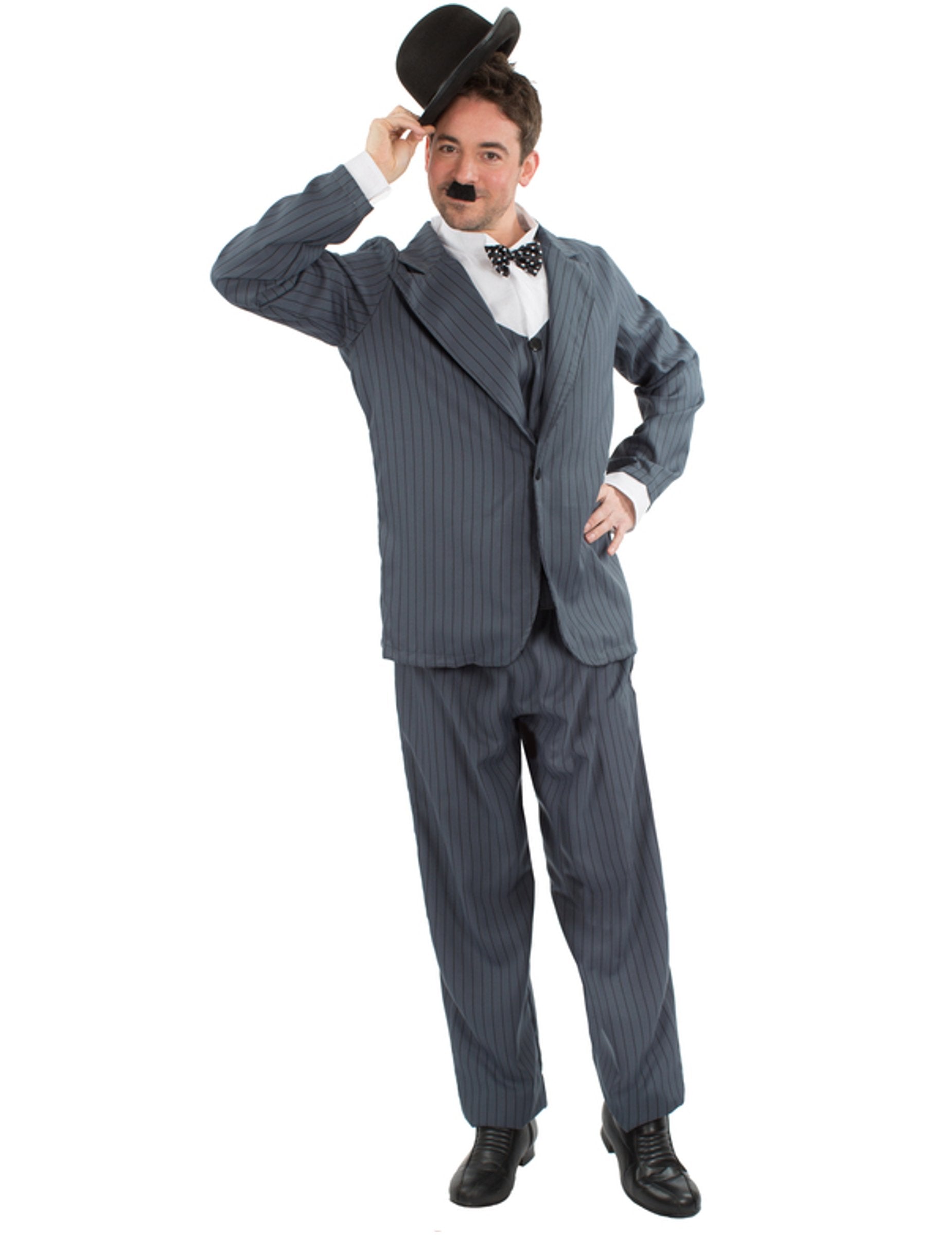 Déguisement comique Laurel pour homme gris à rayures avec chapeau melon