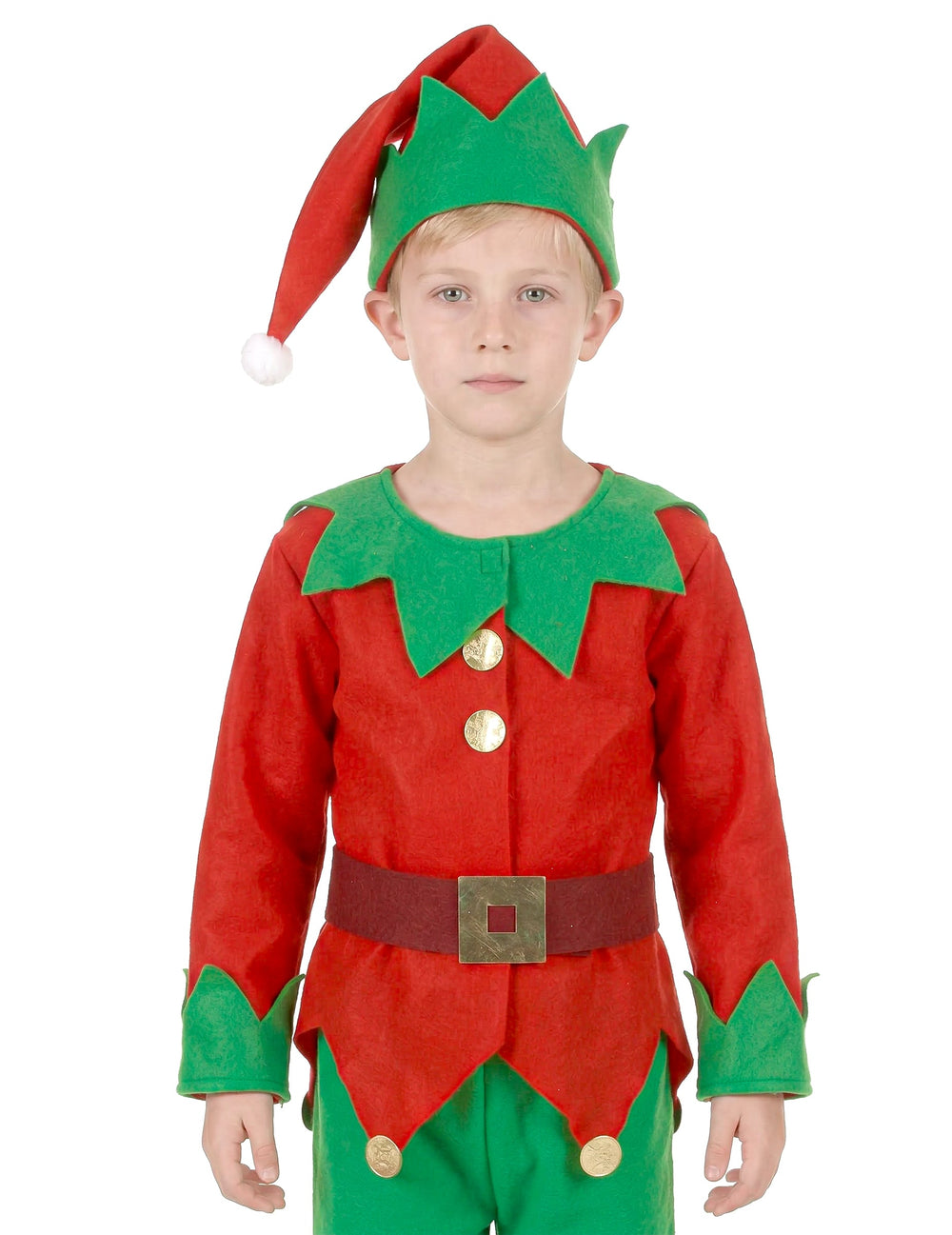 Vue rapprochée du buste du déguisement complet Elfe de Noël
