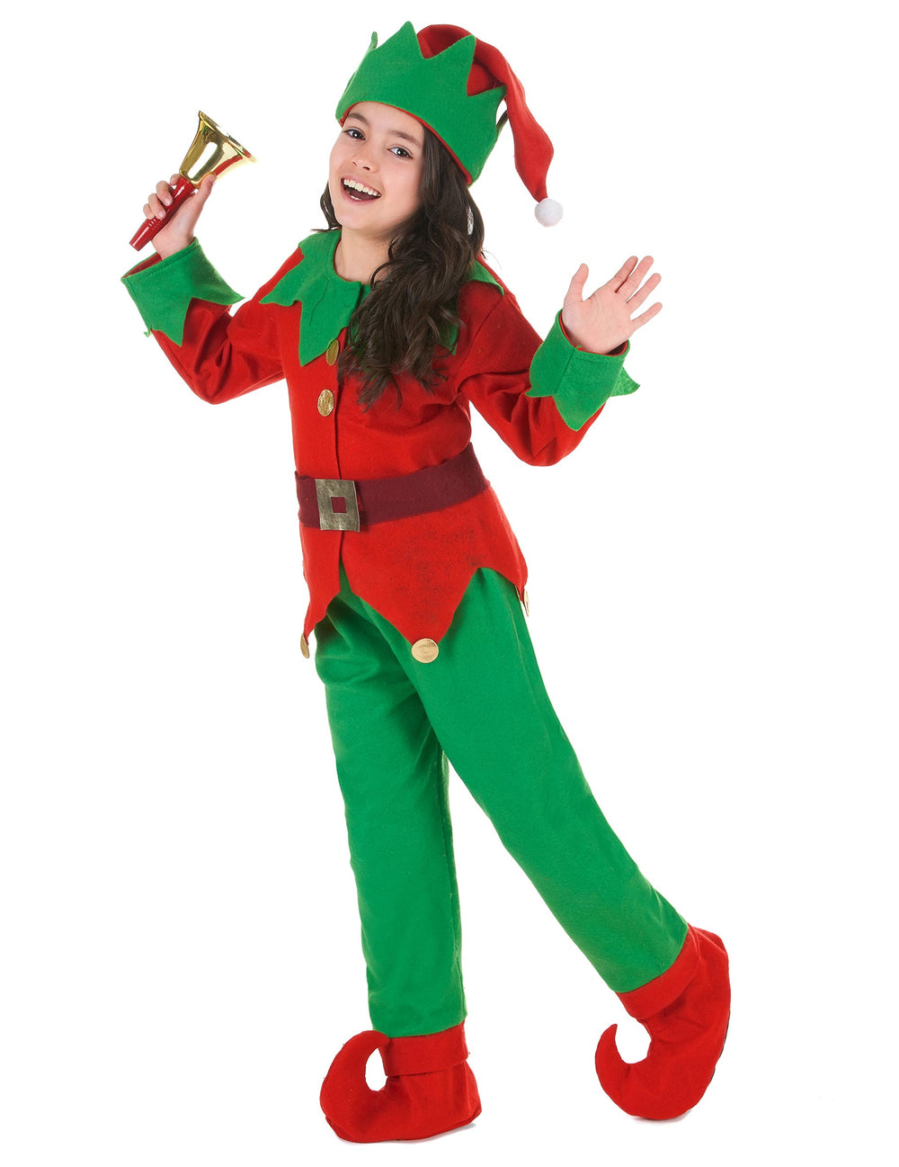 Vue de face avec clochette du déguisement complet Elfe de Noël pour enfant