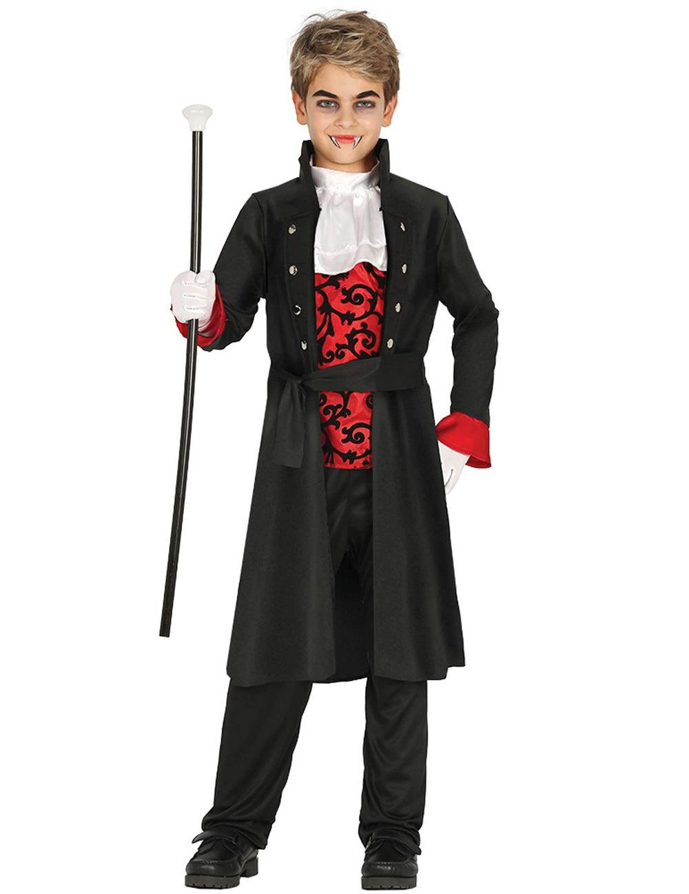 Fato de conde vampiro para menino preto e vermelho com colete com motivos