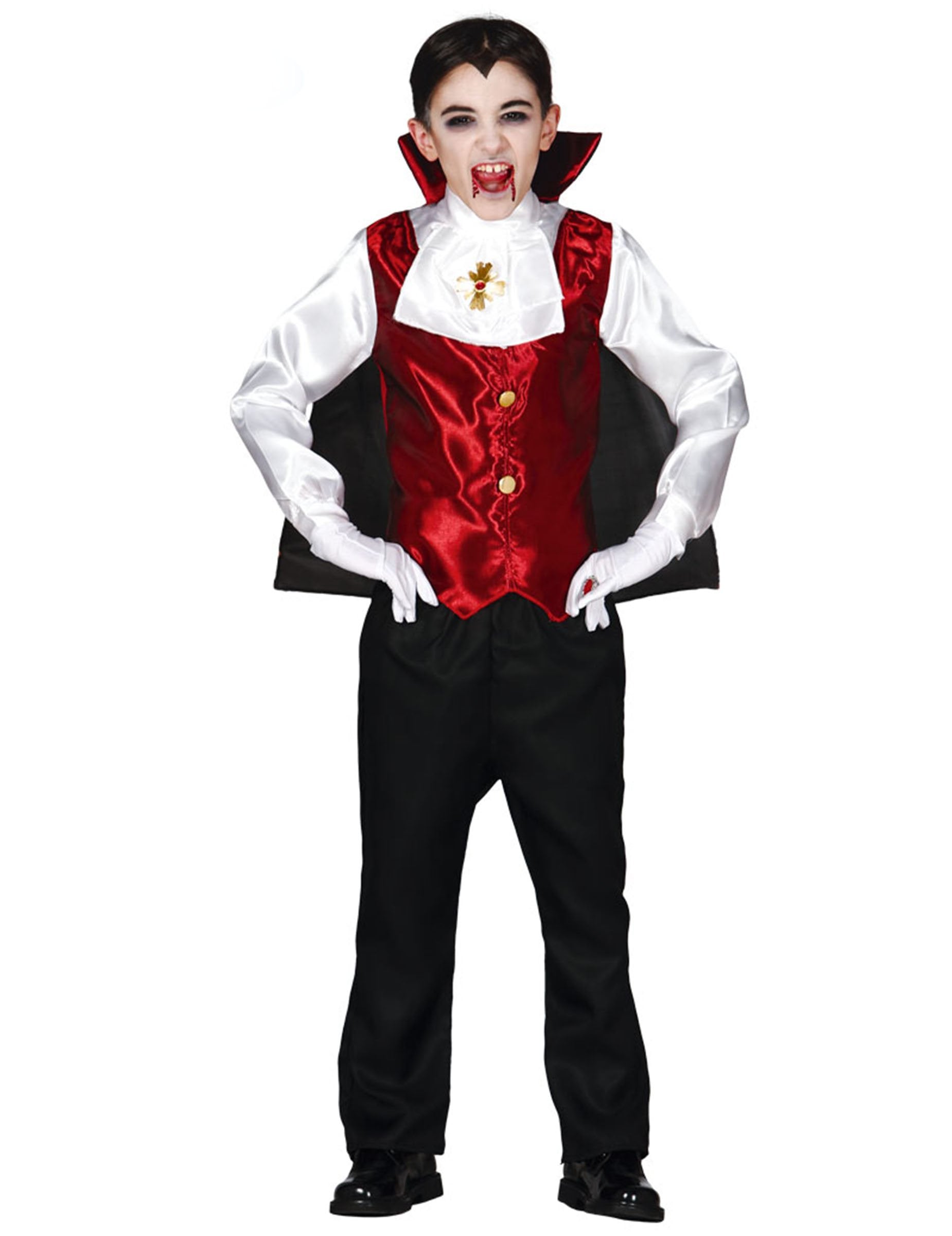 Déguisement comte vampire pour garçon rouge blanc et noir avec cape
