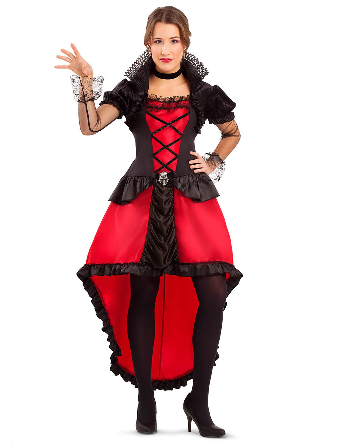 Fato de condessa vampira para mulher vermelho e preto com gola alta