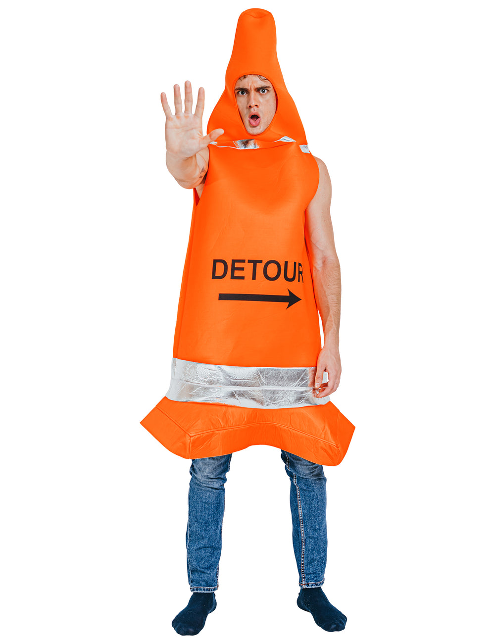 Déguisement cône de chantier pour adulte orange avec inscription Detour et bandes argentées