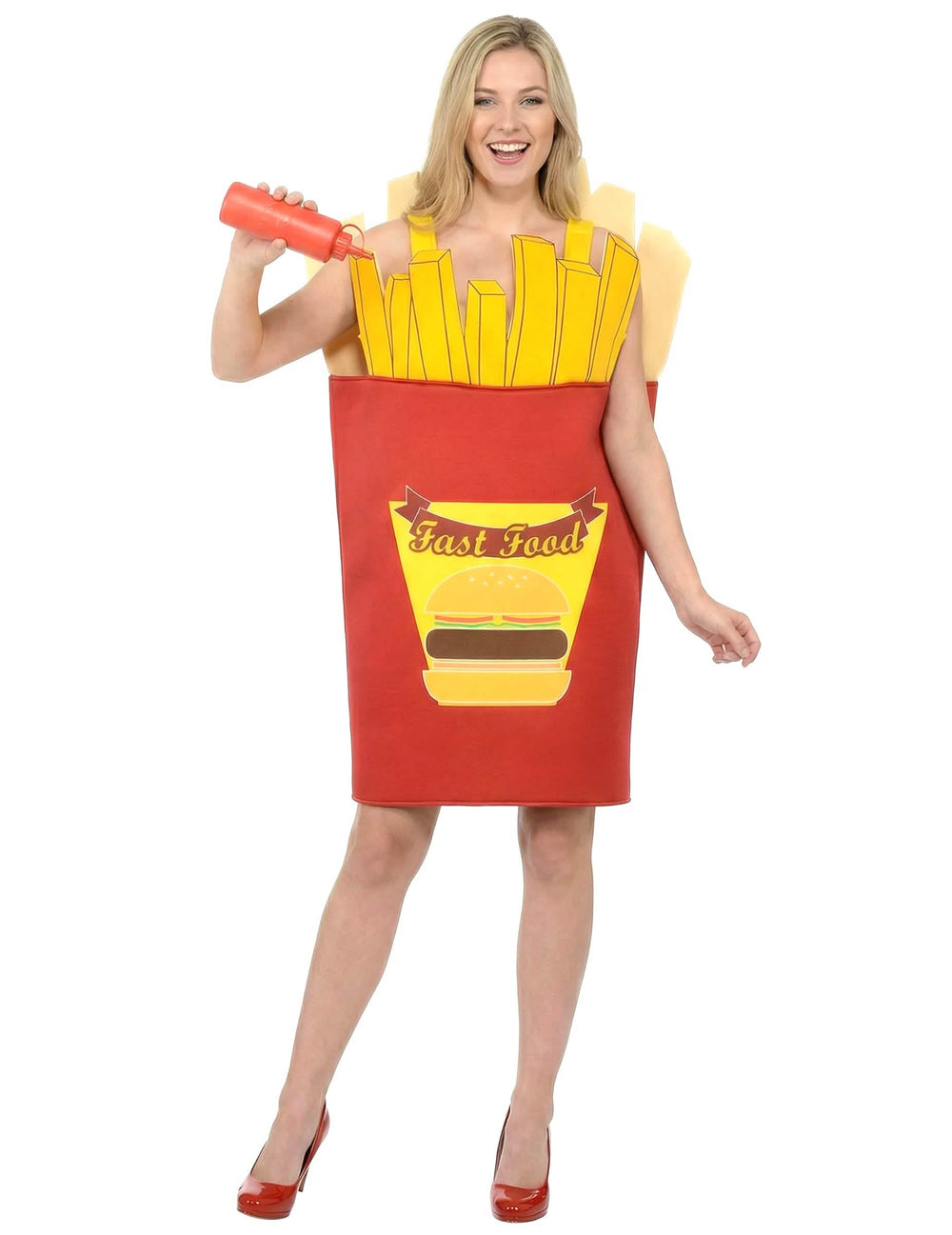 Encenação com garrafa de ketchup do disfarce de cone de batatas fritas adulto