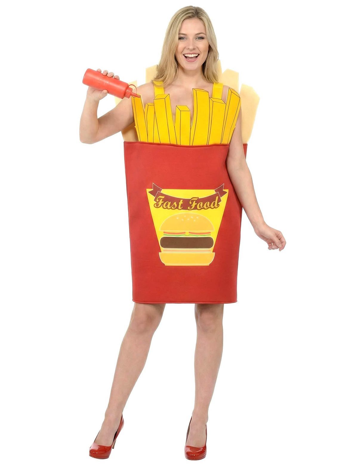 Encenação com garrafa de ketchup do disfarce de cone de batatas fritas adulto