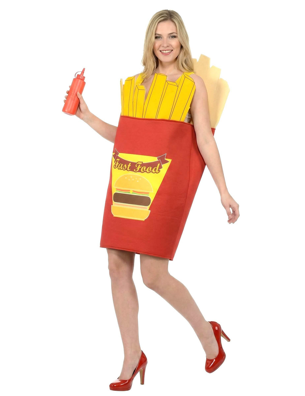 Fato de cone de batatas fritas para adulto vermelho e amarelo com estampado de hambúrguer