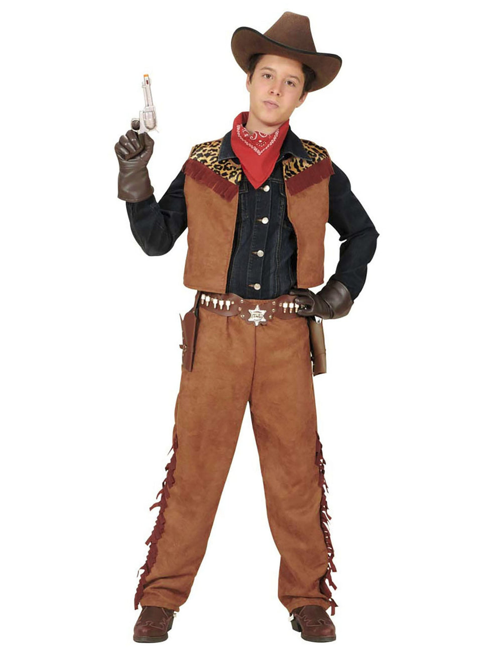 Kit déguisement cowboy du Far West pour garçon marron avec gilet à motif léopard et chapeau