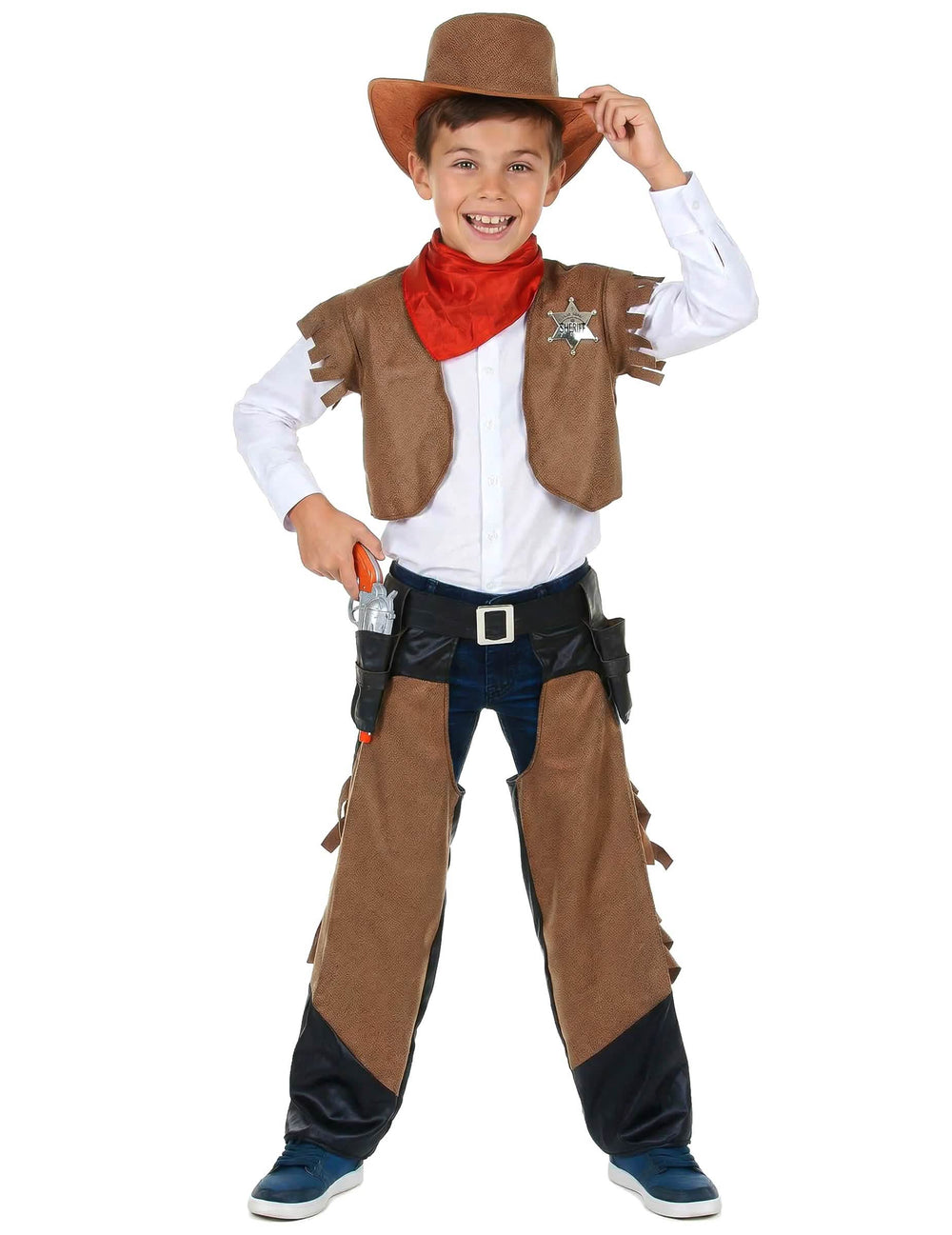 Fato de cowboy para menino castanho com chapéu e bandana vermelha