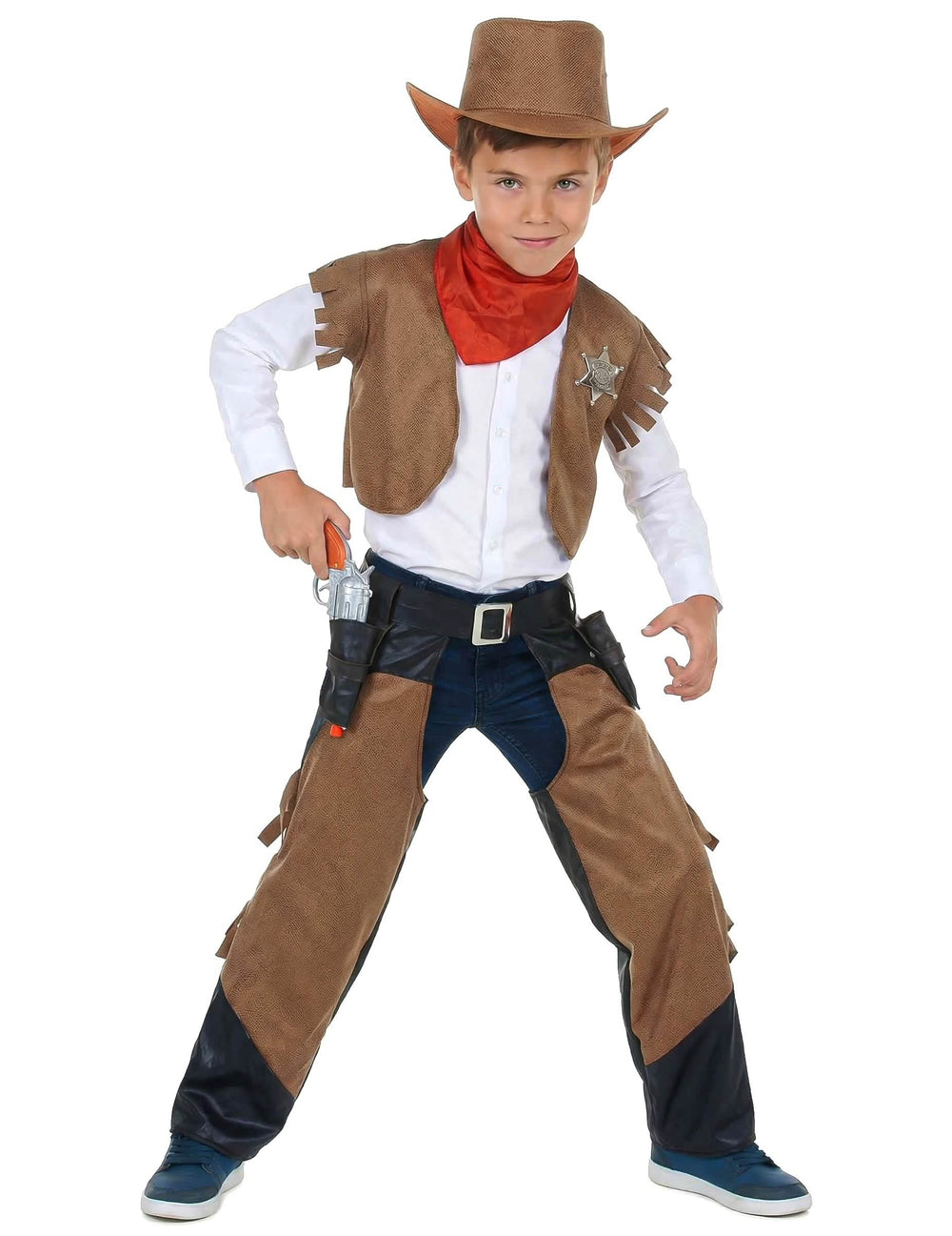 Vista frontal do disfarce de cowboy para menino castanho