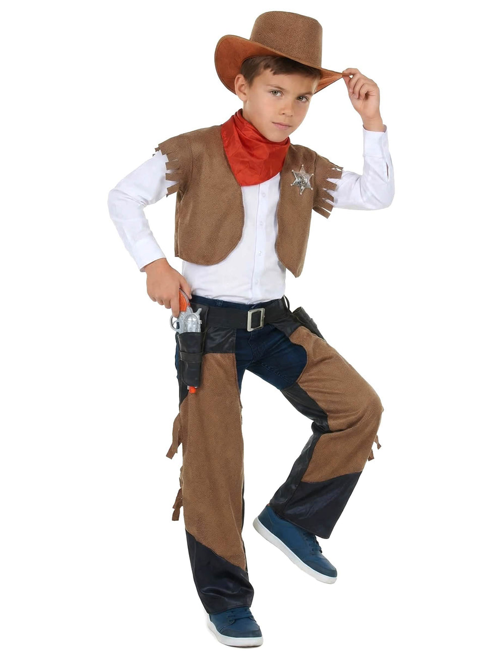 Vista geral do disfarce de cowboy para menino castanho
