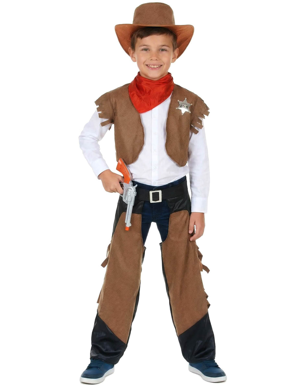 pistola e acessórios do disfarce de cowboy para menino castanho