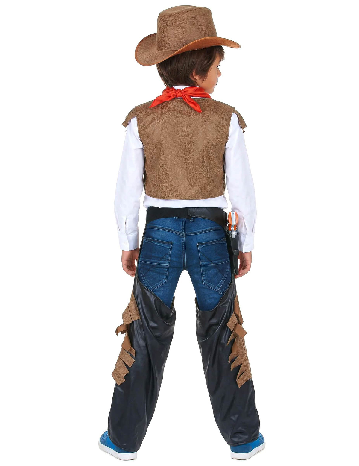 Vista de trás do disfarce de cowboy para menino castanho