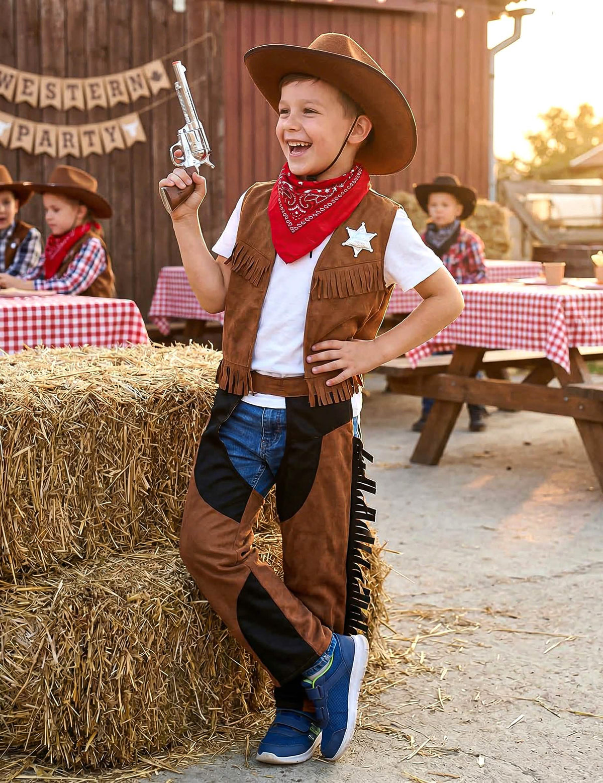 Encenação do disfarce de cowboy para menino castanho