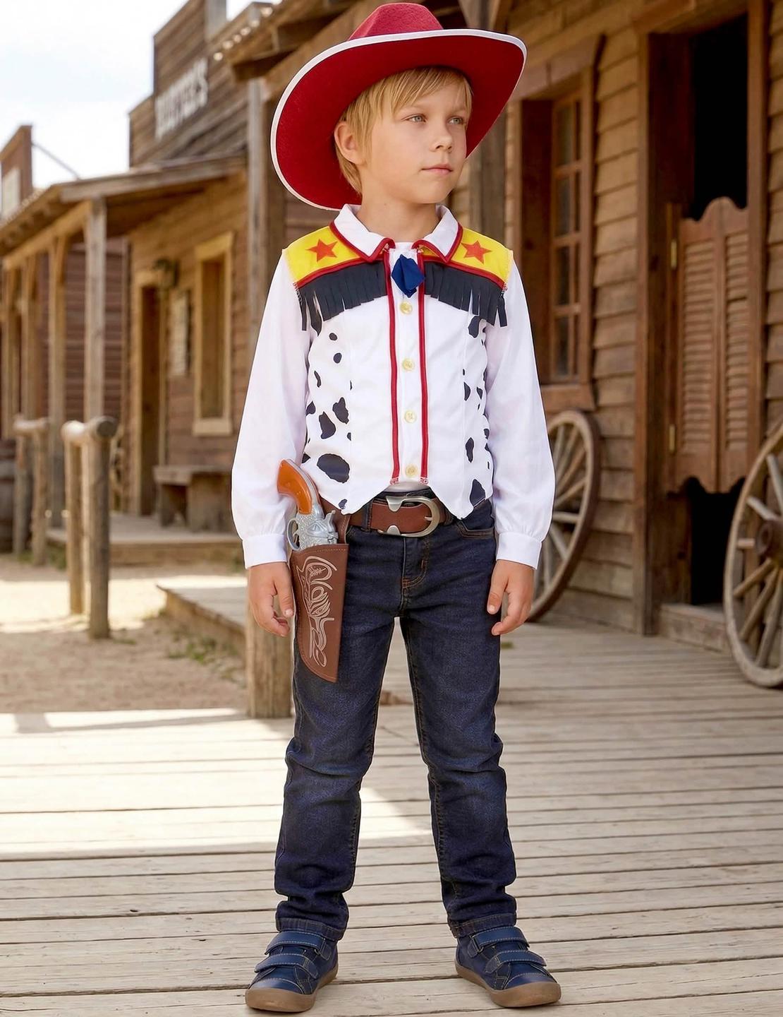 Mise em situação num cenário western do fato de cowboy para menino