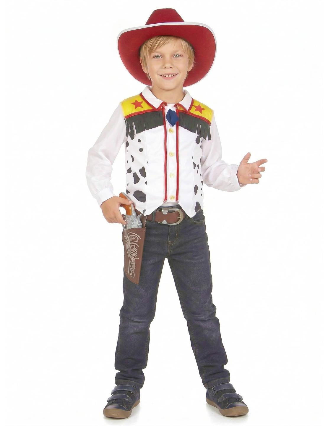 Fato de cowboy para menino branco com manchas pretas, com colete com franjas e chapéu vermelho
