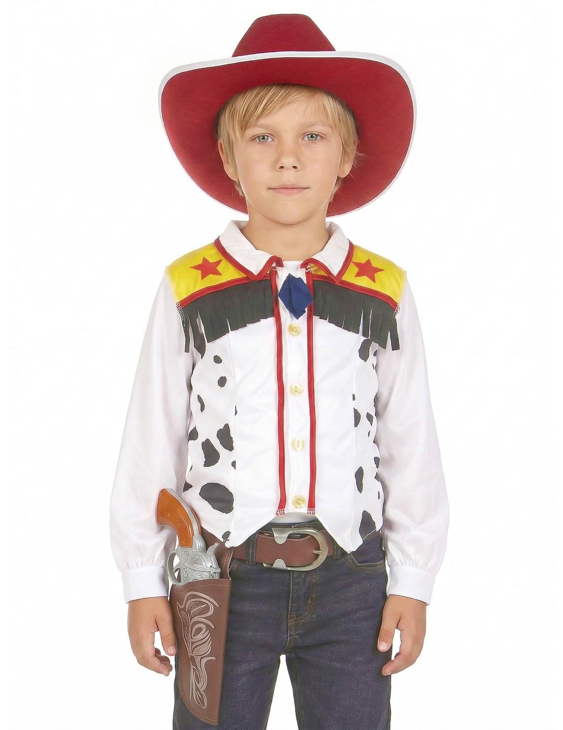 Plano aproximado do colete e do chapéu do fato de cowboy para menino