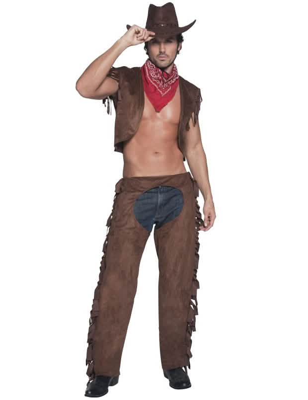 Déguisement cowboy sexy pour homme marron avec gilet et jambières à franges