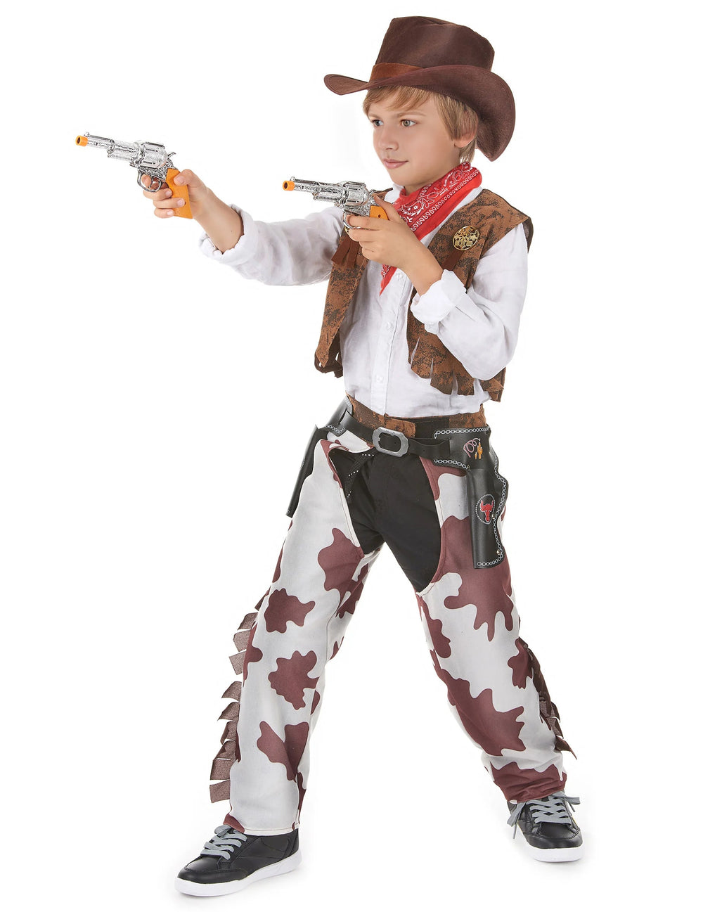 Vue de trois-quarts avec pistolets factices du déguisement cowboy luxe pour garçon