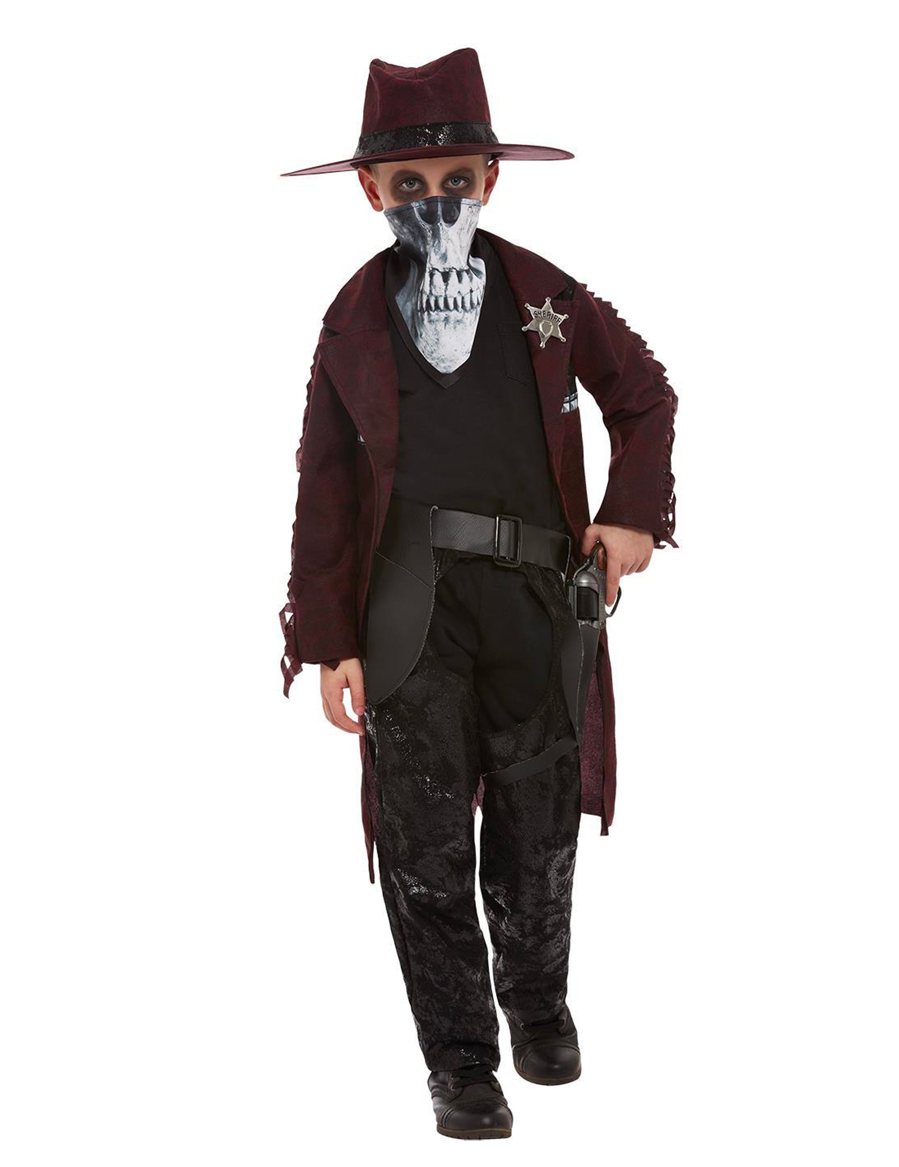 Déguisement cowboy mystérieux pour enfant bordeaux et noir avec bandana tête de mort
