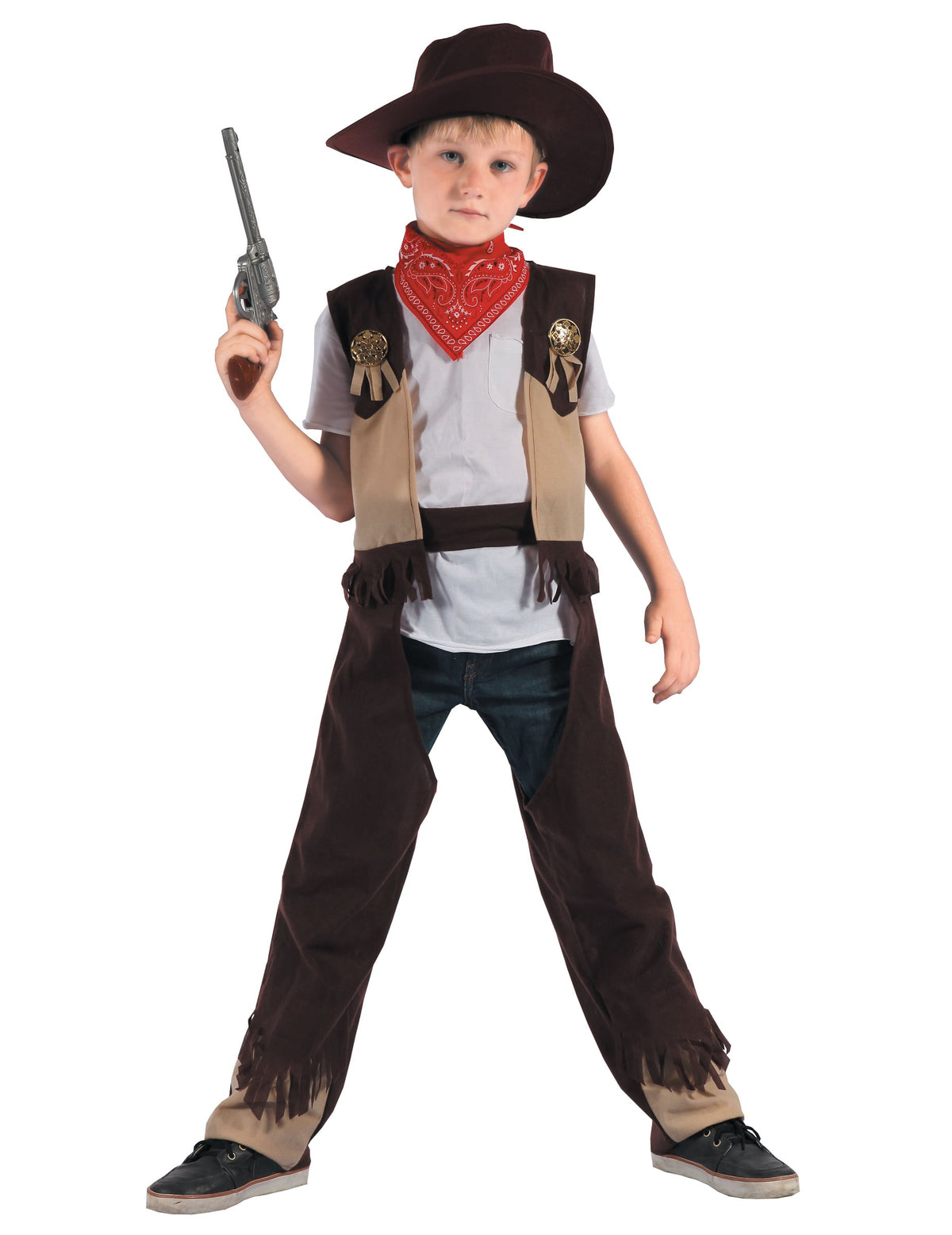 Déguisement Cowboy rodéo pour garçon marron et beige avec chapeau et bandana rouge