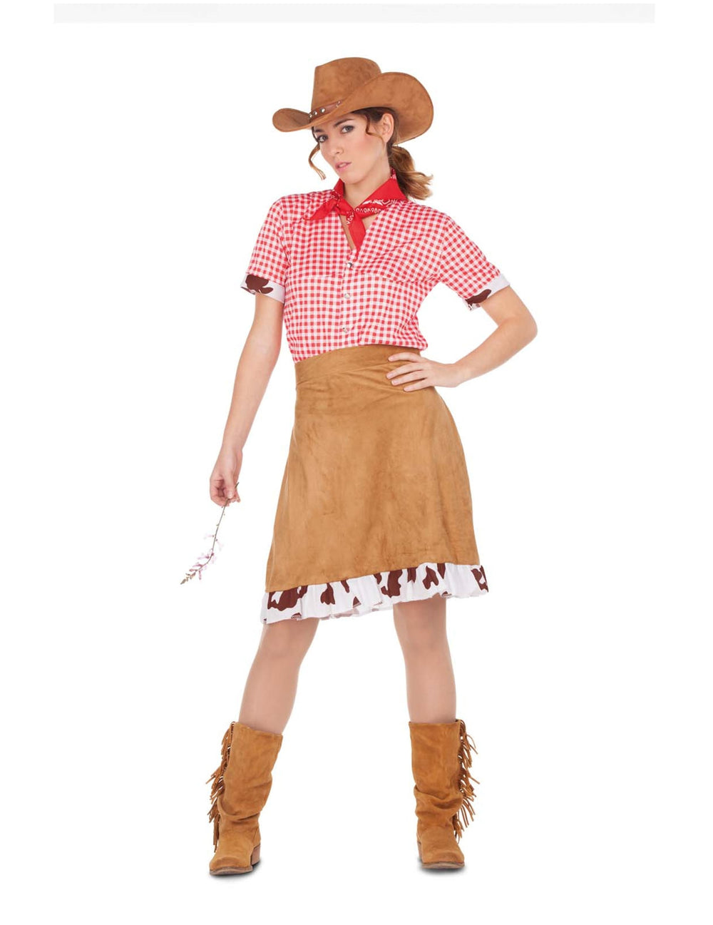 Déguisement cowgirl de l'Ouest pour femme marron et rouge avec chemise à carreaux