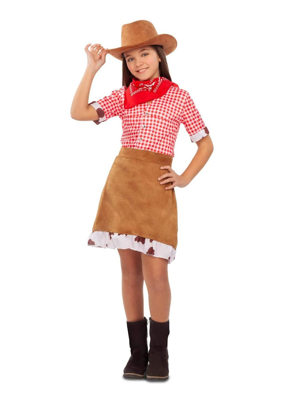 Disfarce de cowgirl do Oeste para menina vermelho e castanho com chapéu