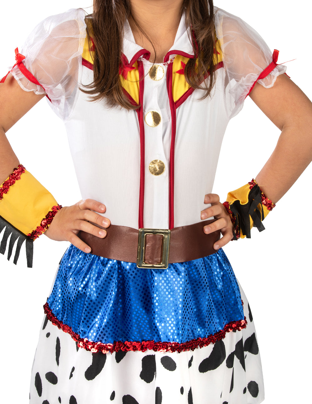 Gros plan sur le buste et la ceinture du déguisement cowgirl dessin animé