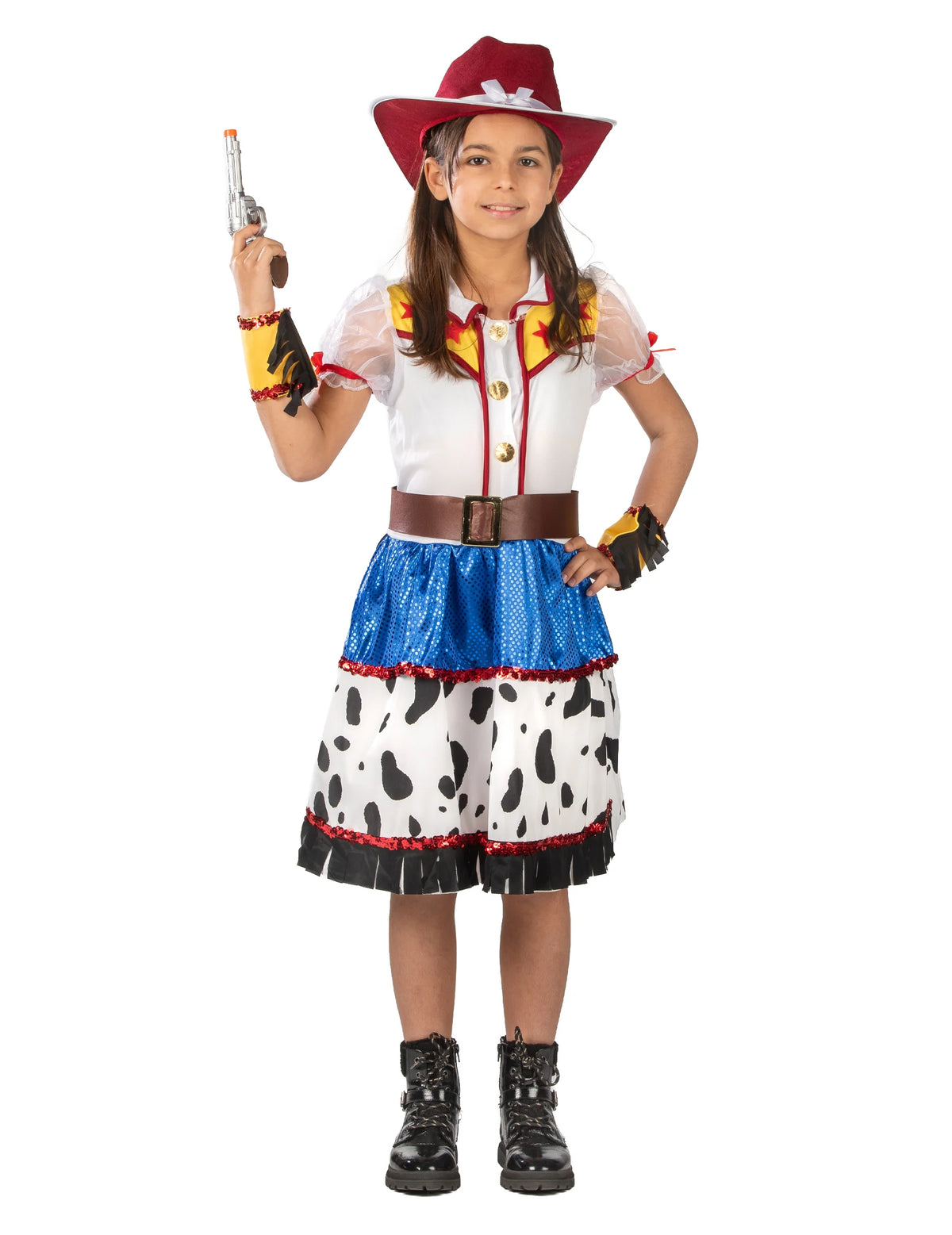 Déguisement cowgirl dessin animé pour fille avec chapeau rouge et jupe à motif vache