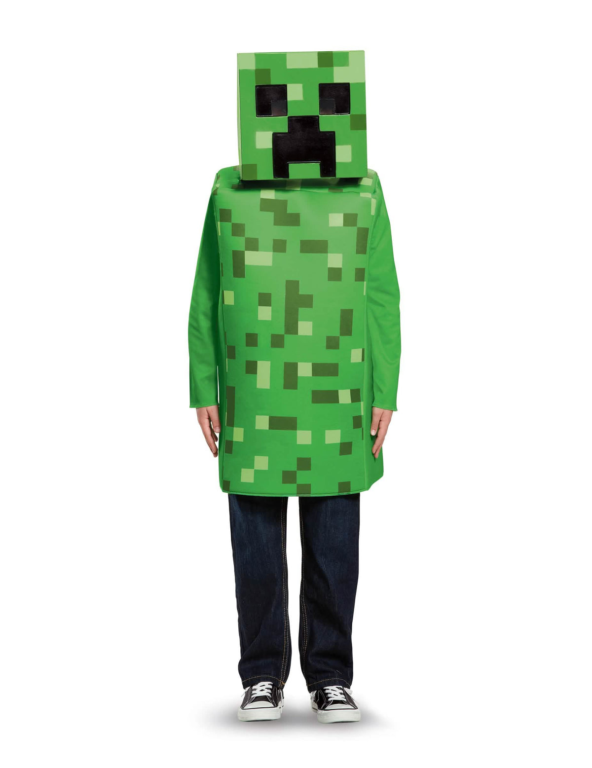 Vista frontal do disfarce Creeper Minecraft para criança