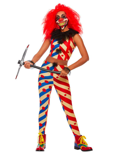 Déguisement de creepy clown bicolore pour femme rouge et bleu à rayures et pois