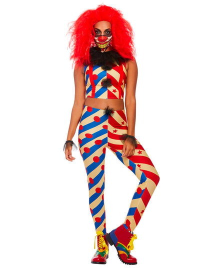 Vue de face du déguisement de creepy clown bicolore