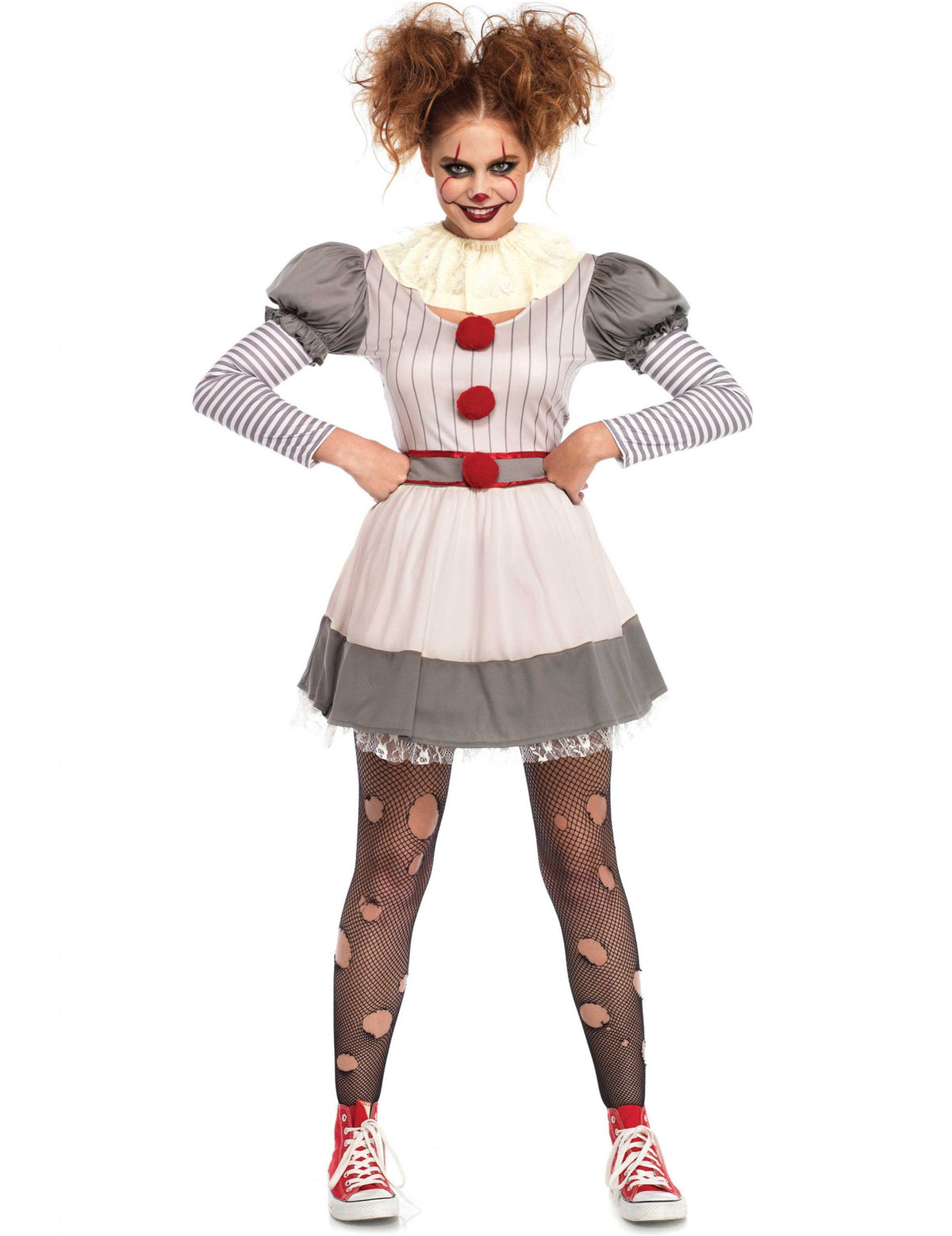 Déguisement de creepy clown pour femme gris et blanc avec pompons rouges