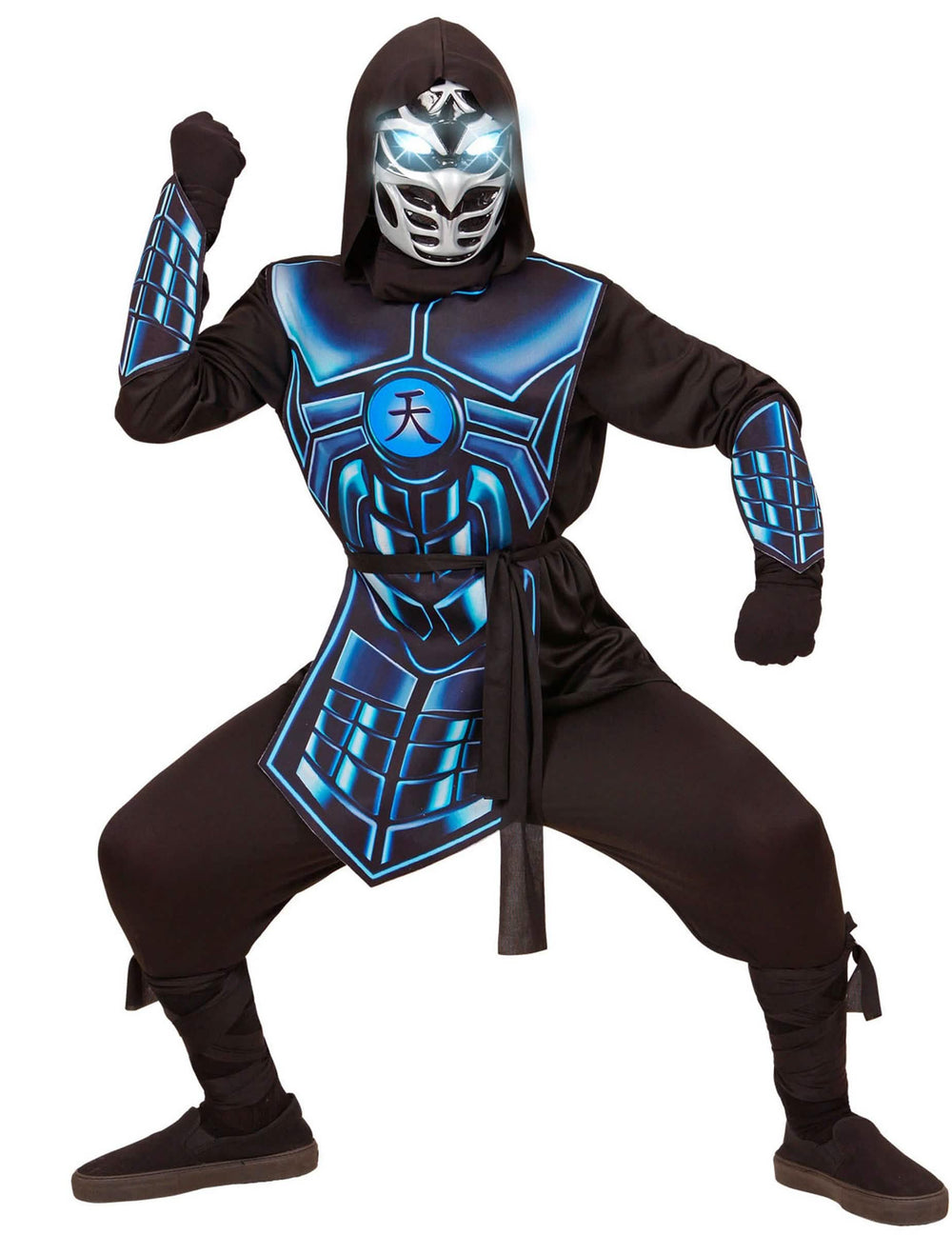 Fato de ninja cibernético luminoso e sonoro para criança preto e azul