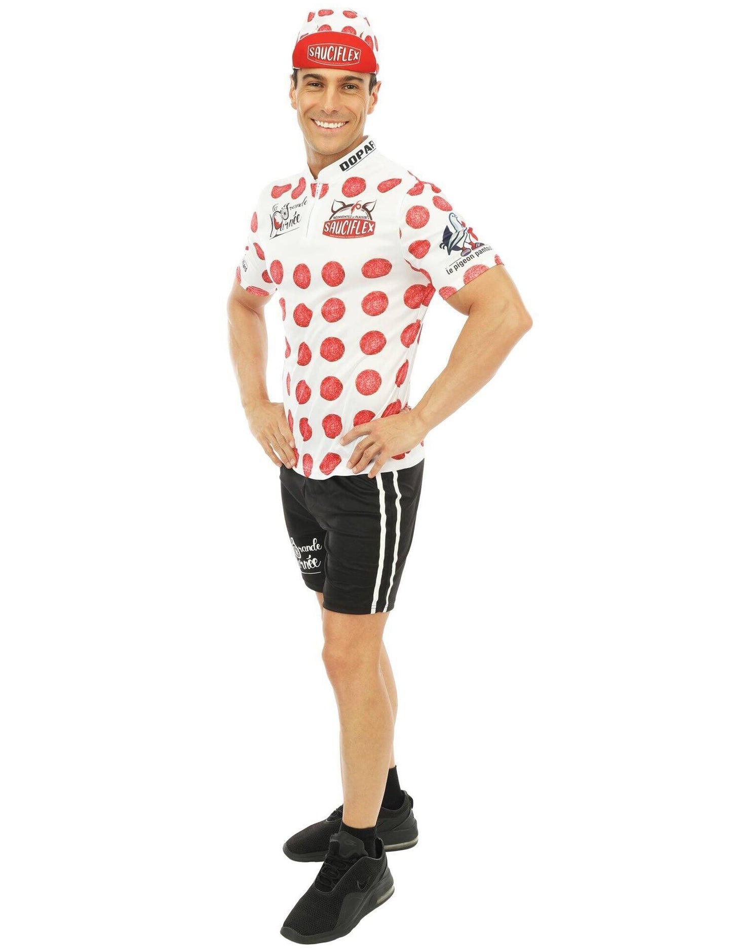 Vue de profil du déguisement de cycliste Sauciflex