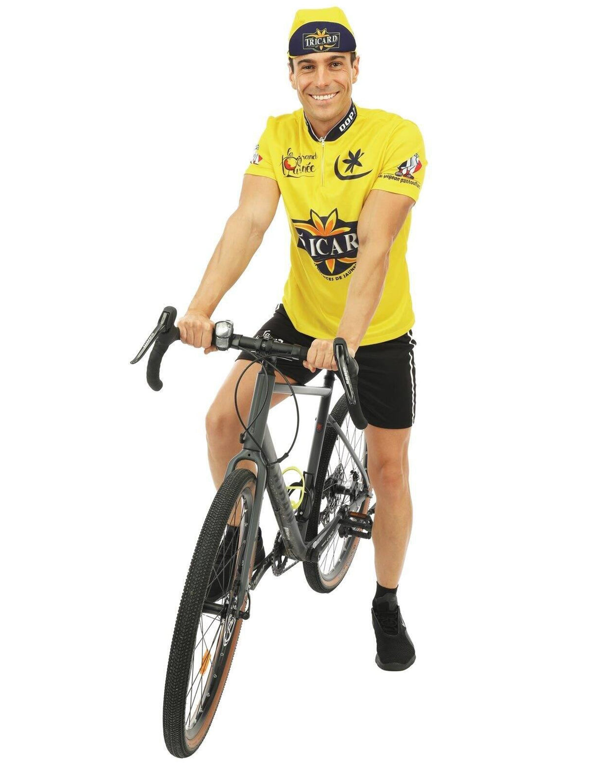 Mise en situation sur un vélo du déguisement de cycliste Tricard