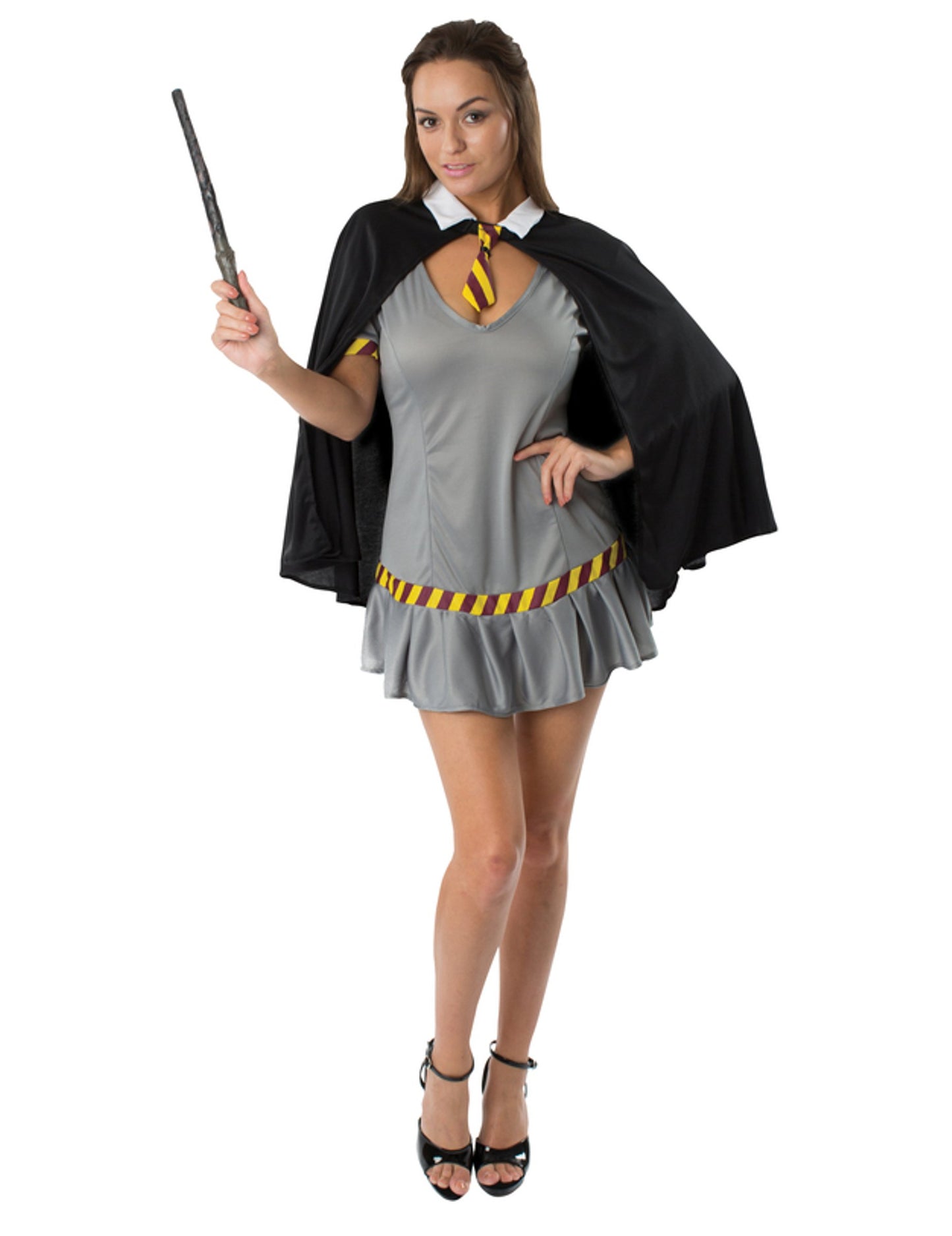 Déguisement d'étudiante magicienne pour femme gris et noir avec baguette
