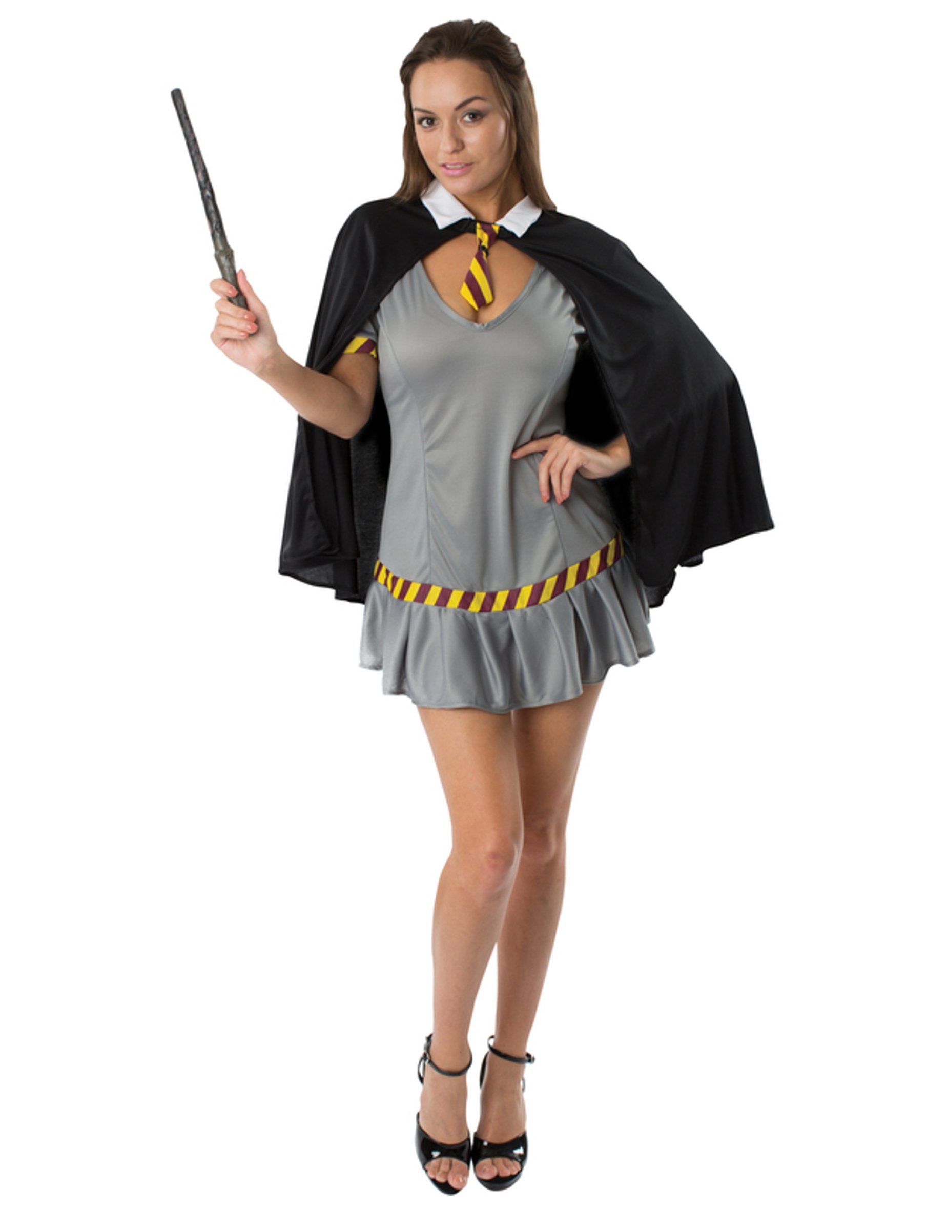 Déguisement d'étudiante magicienne pour femme gris et noir avec baguette