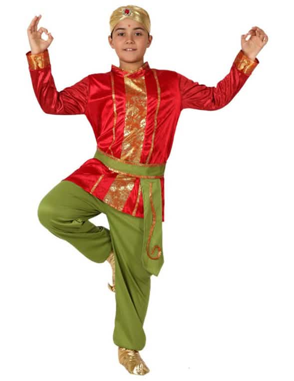 Fato de índio para menino vermelho e verde com turbante dourado