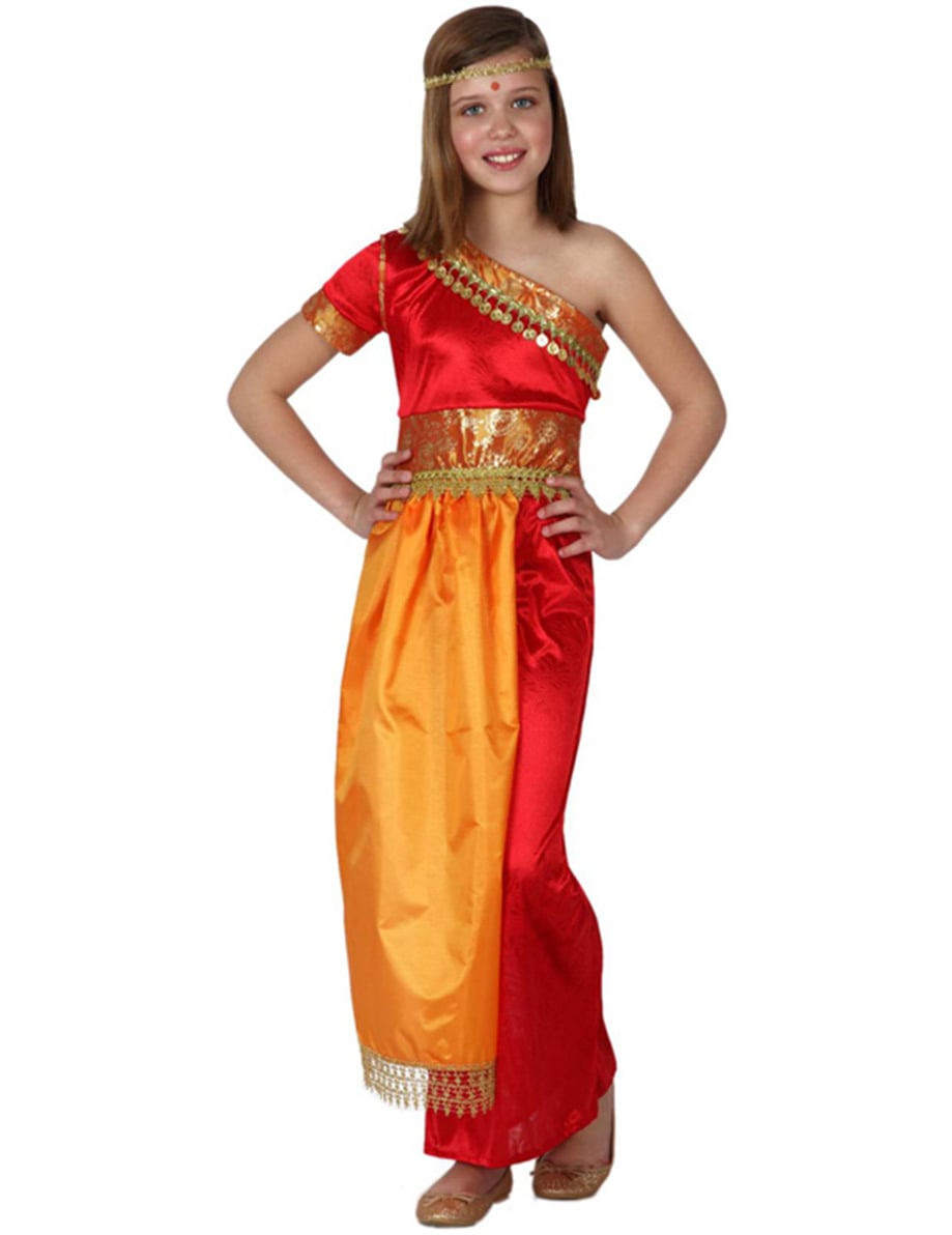 Déguisement indienne bollywood pour fille rouge et orange avec dorures