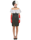 Déguisement dame cruelle sexy pour femme noir et blanc avec étole dalmatien et gants rouges
