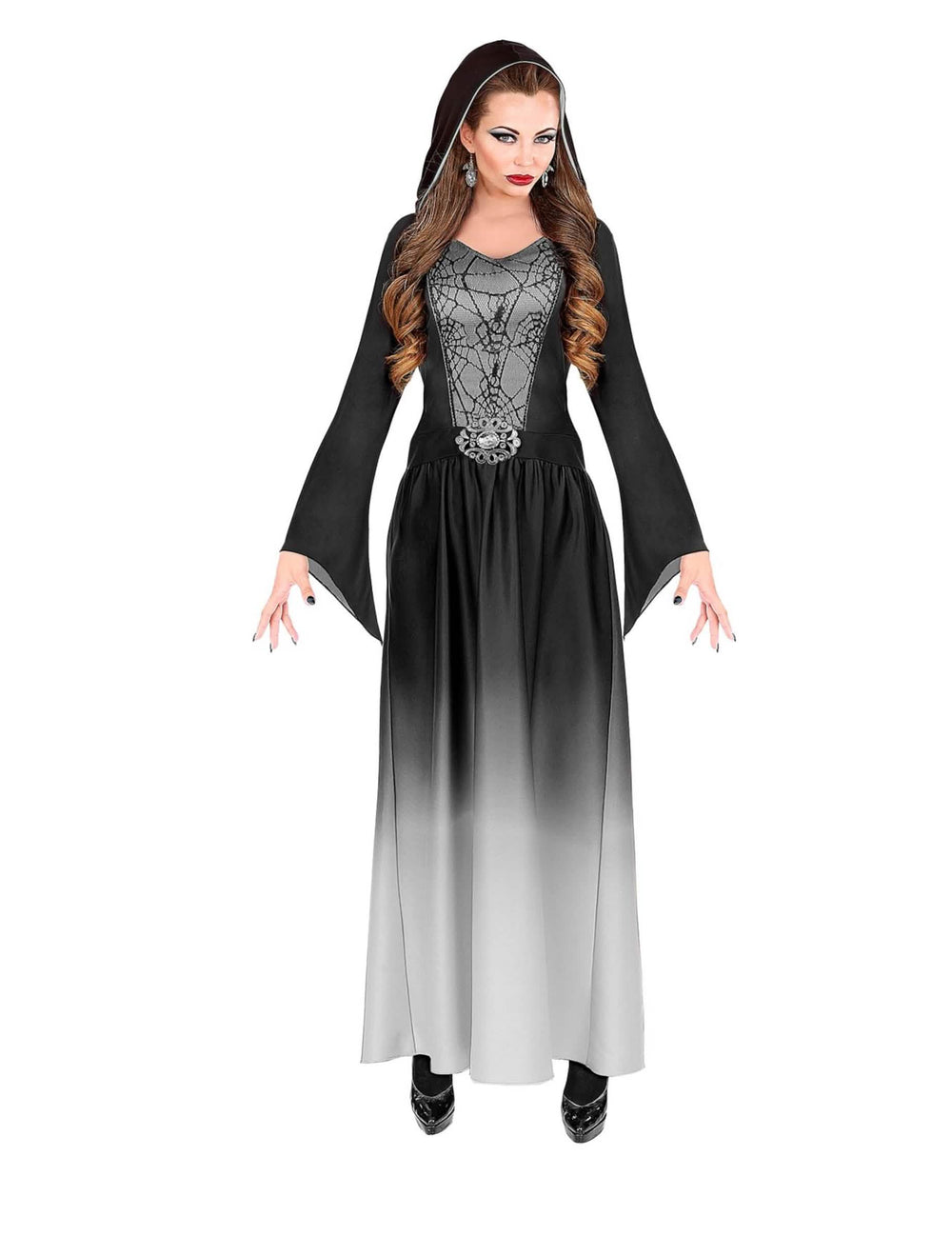 Fato de mulher vampira gótica com gradiente preto e branco com capuz