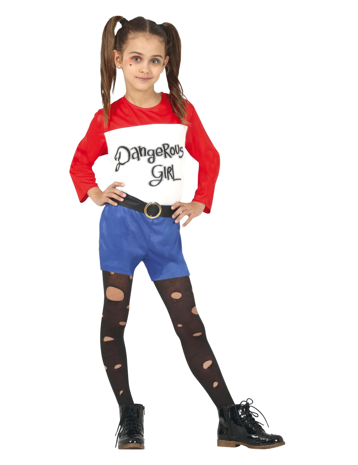 Déguisement dangerous girl pour fille rouge blanc et bleu avec collants noirs troués