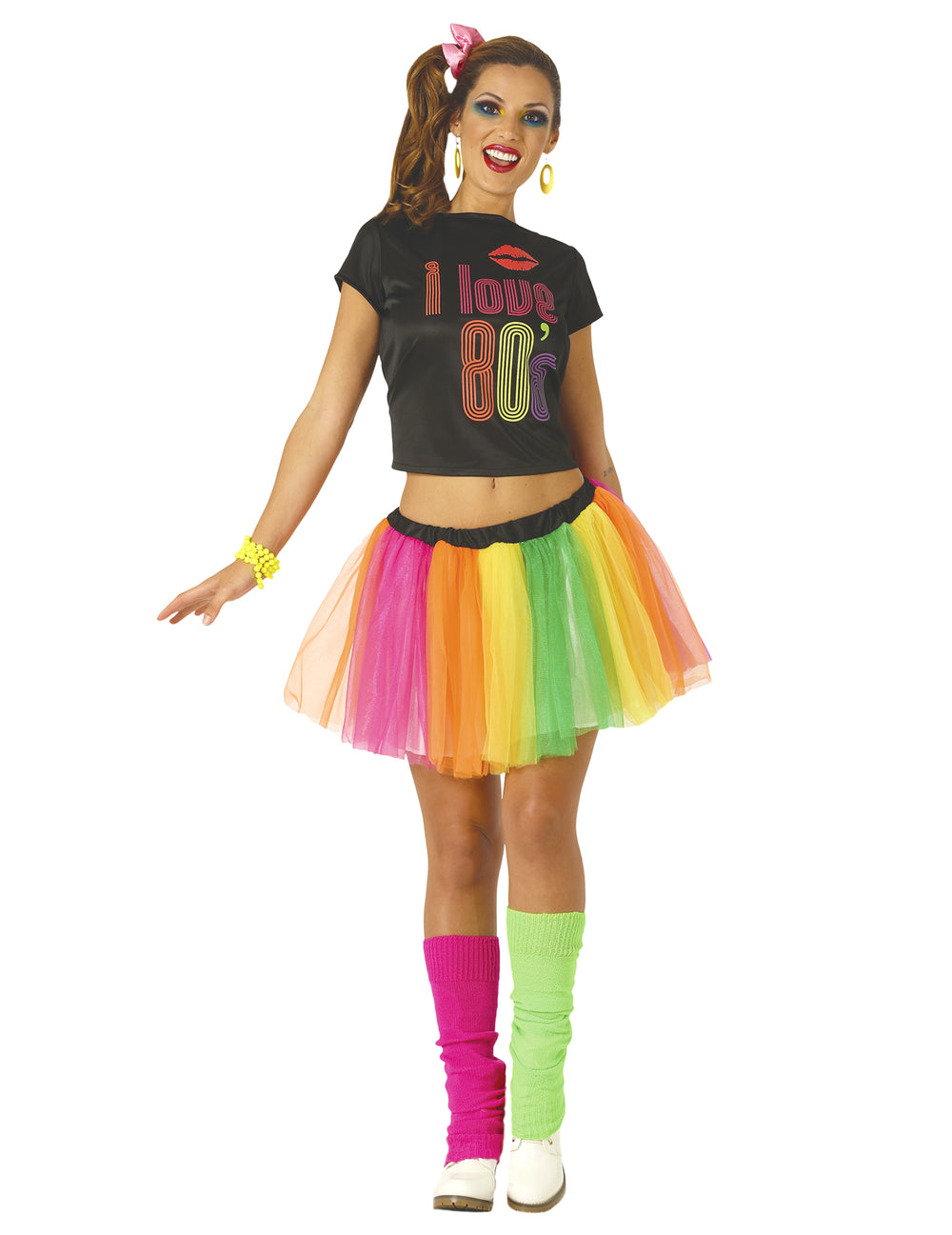 Déguisement de danseuse années 80's pour femme avec t-shirt noir et tutu arc-en-ciel
