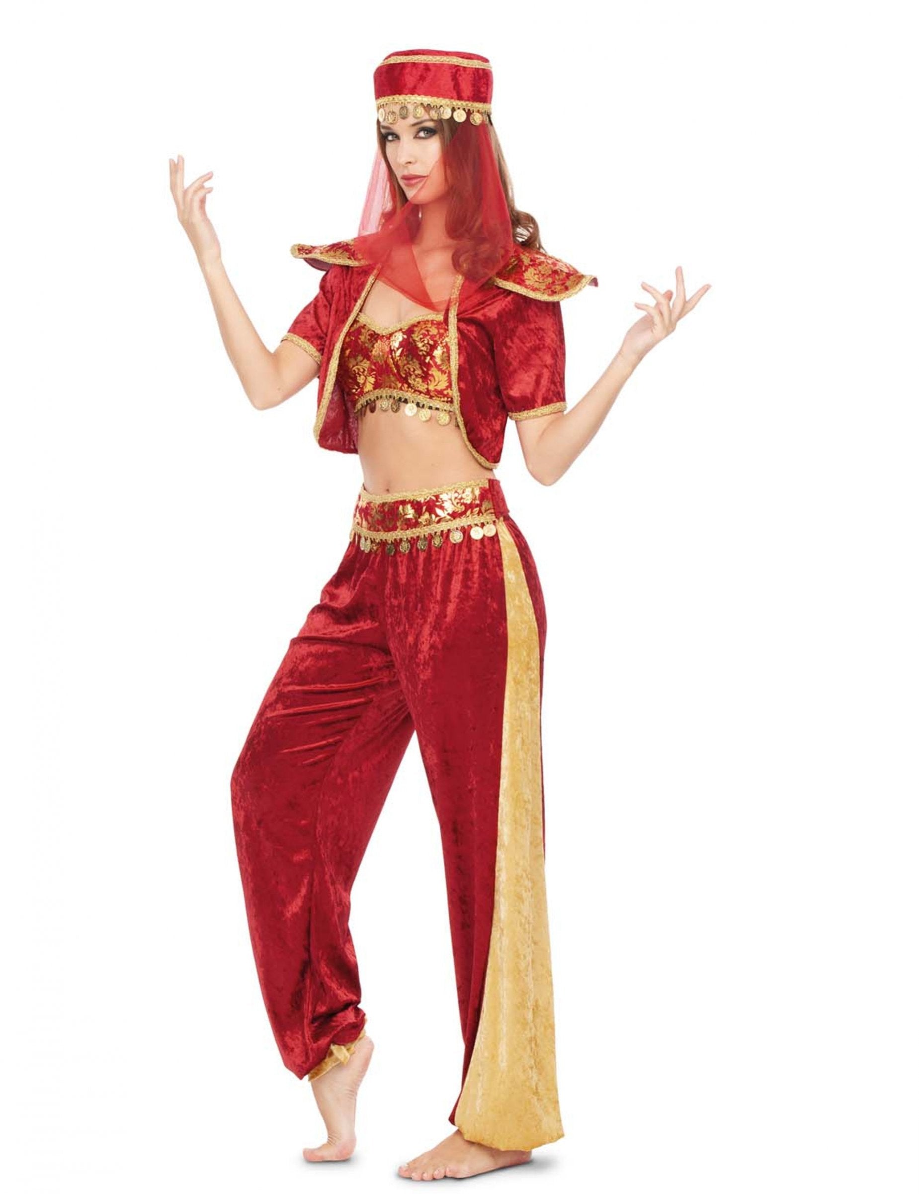 Déguisement danseuse d'Orient sexy pour femme rouge et doré avec coiffe