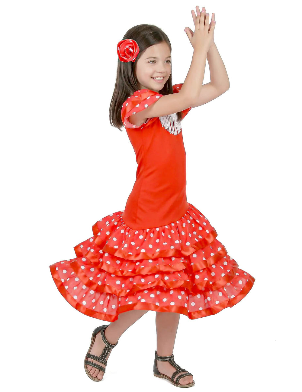 Fato de bailarina de flamenco para menina vermelho às bolinhas branco
