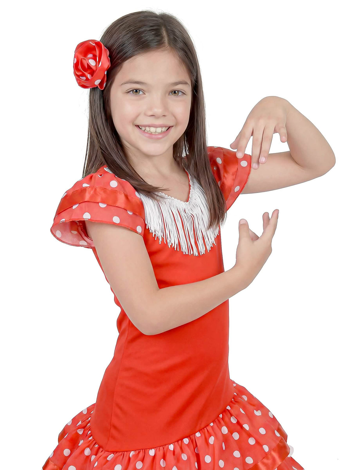 Grande plano sobre a gola com franjas e a flor do disfarce de bailarina de flamenco