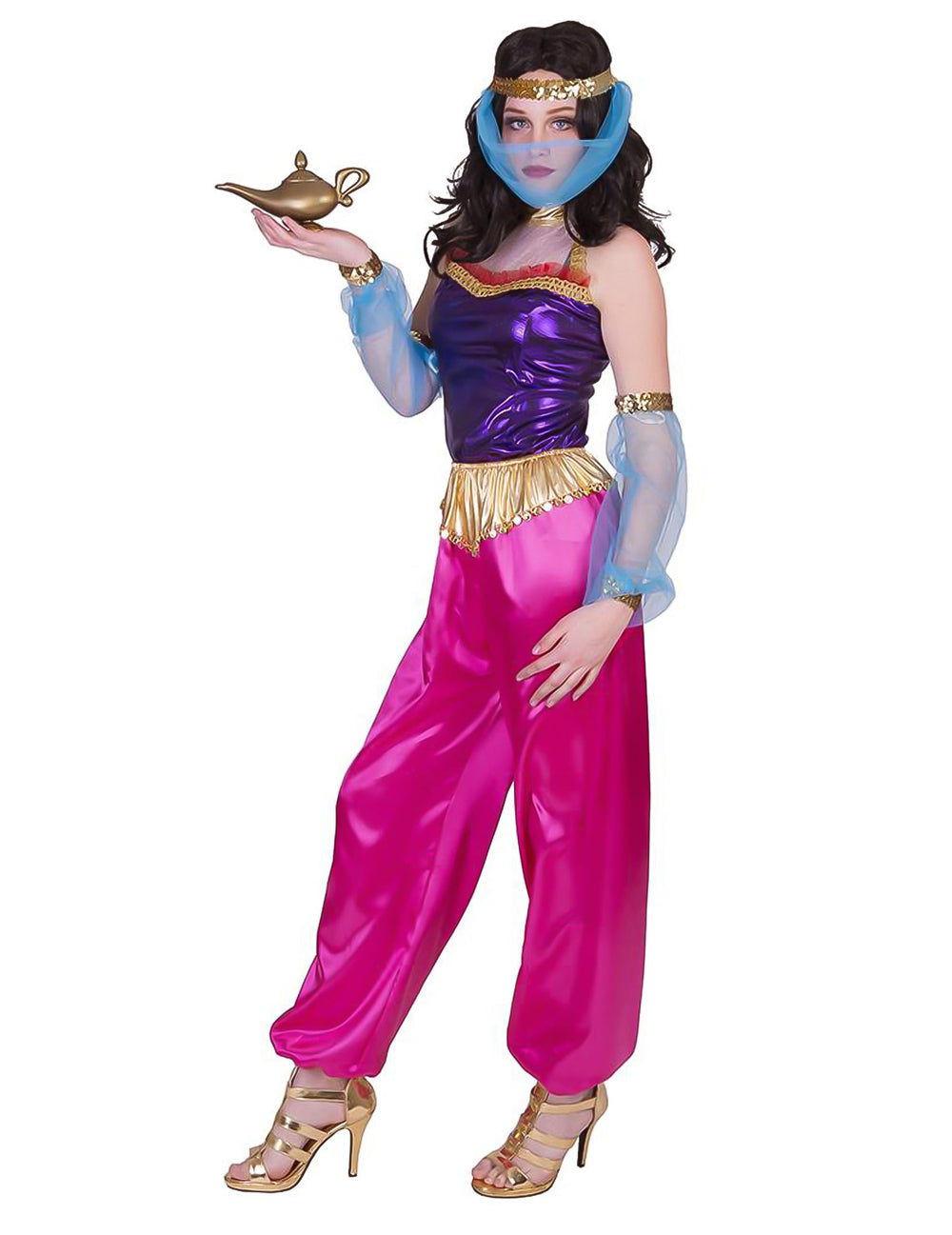 Déguisement de danseuse orientale avec coiffe pour femme violet et rose