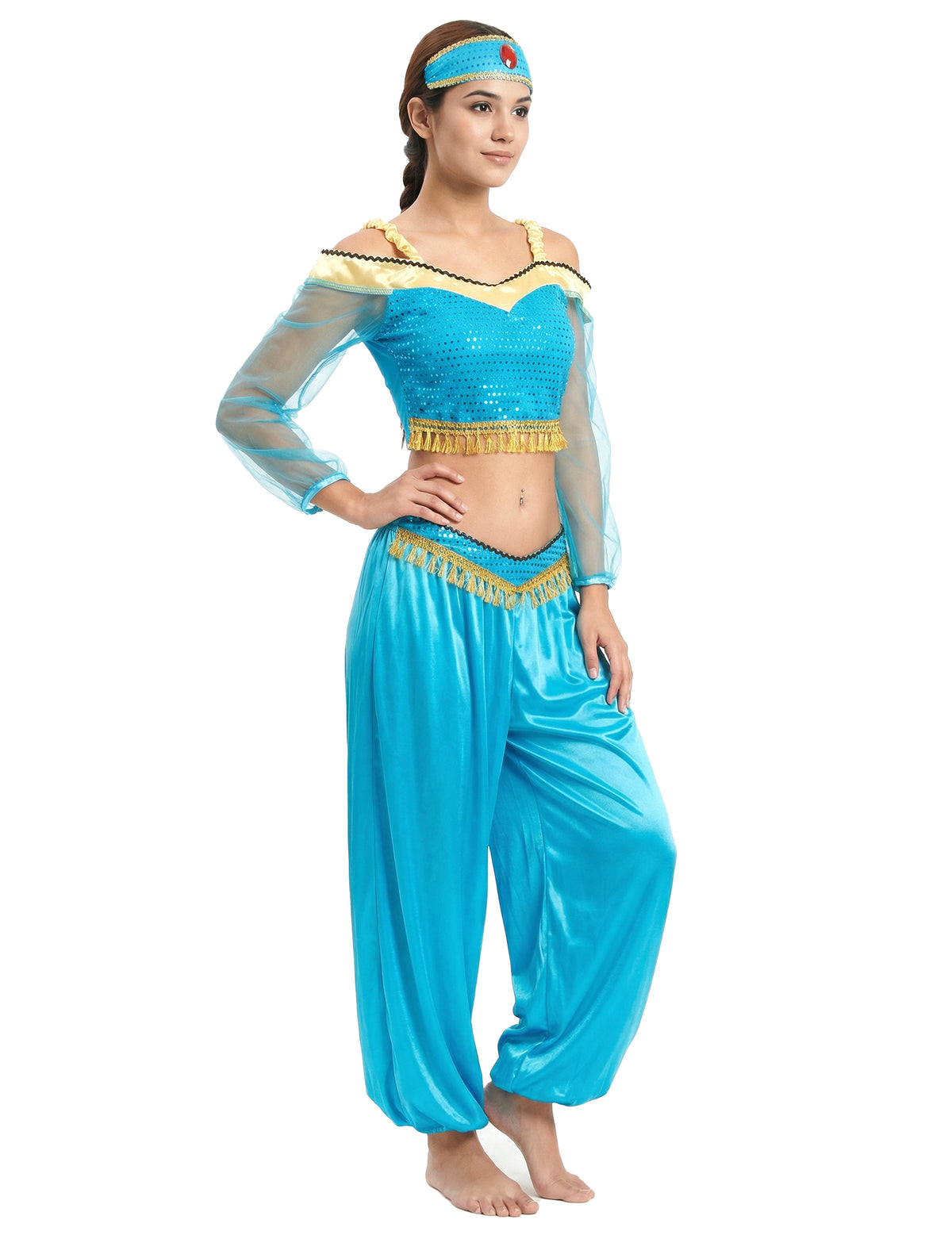 Déguisement de danseuse orientale pour femme bleu et or avec bandeau