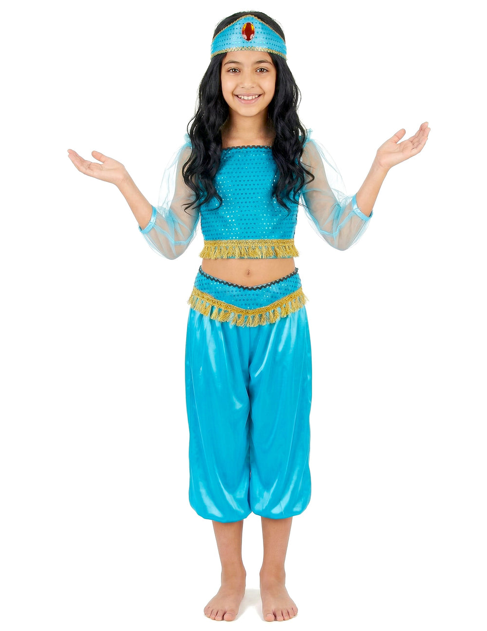 Déguisement de danseuse orientale pour fille bleu avec franges dorées et bandeau